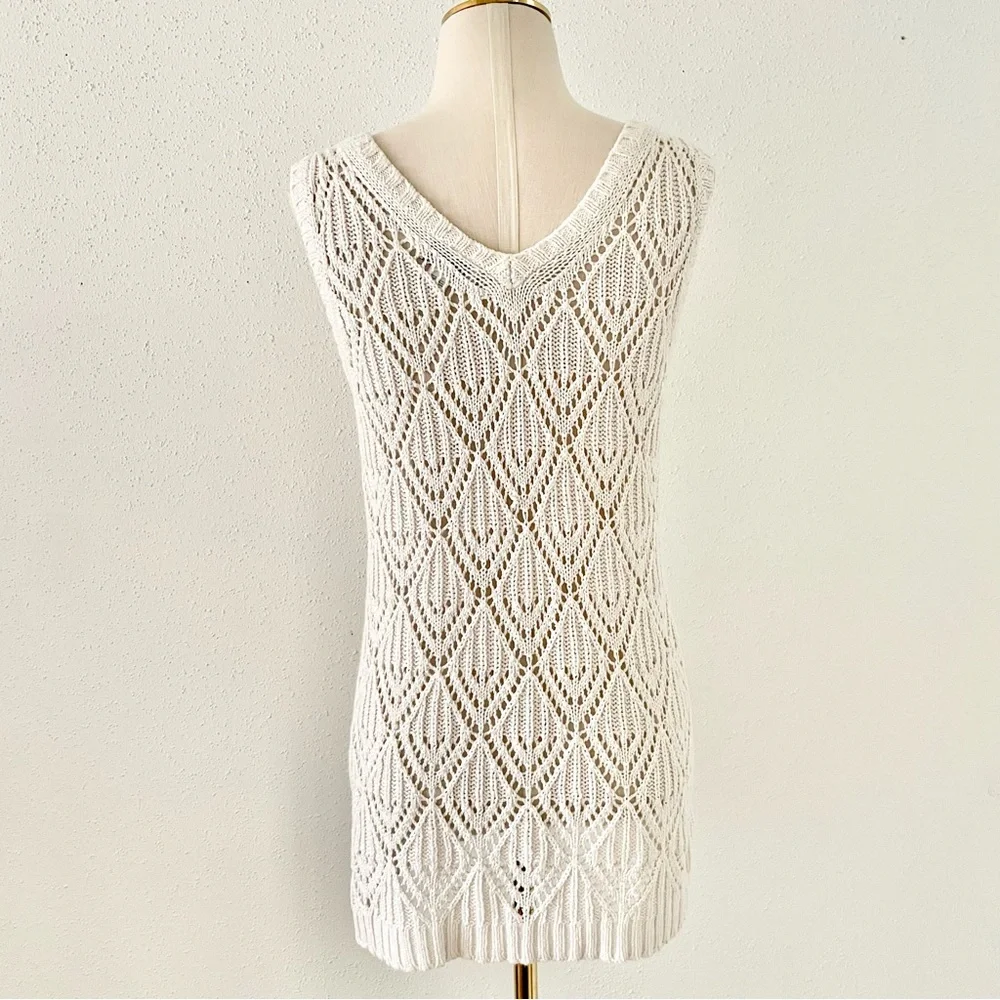 ANN TAYLOR LOFT Women's sz Medium Cream Crochet Knit Sleeveless Tunic Top Beach - Picture 5 of 6